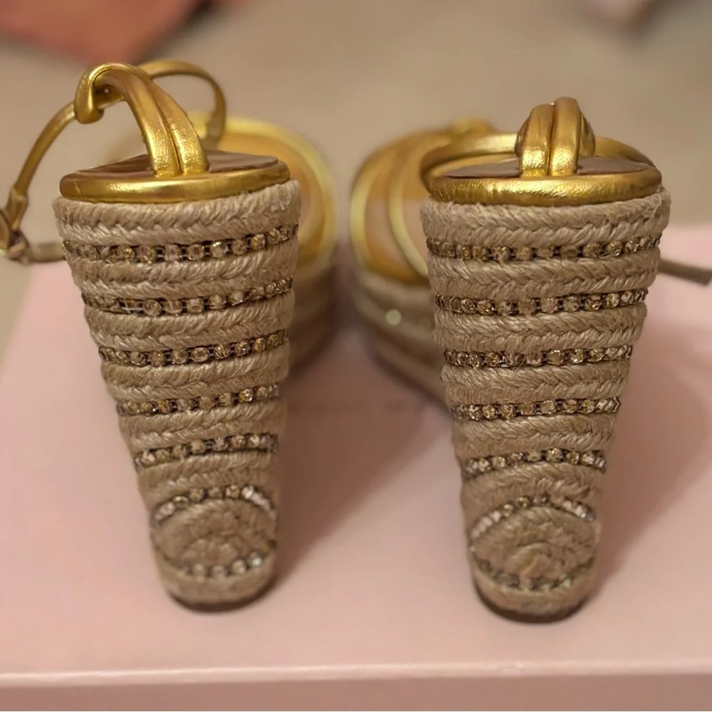 NWB Sophia Webster Alina Gold Espadrille Open Wedge Platform Heel Shoes Crystal - Picture 7 of 10